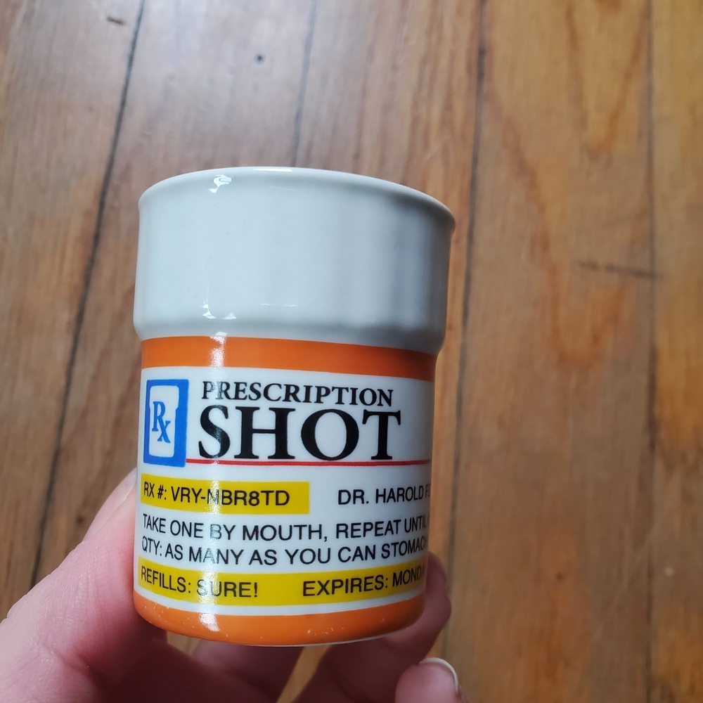 Shot glass RX prescription funny humor big mouth Inc